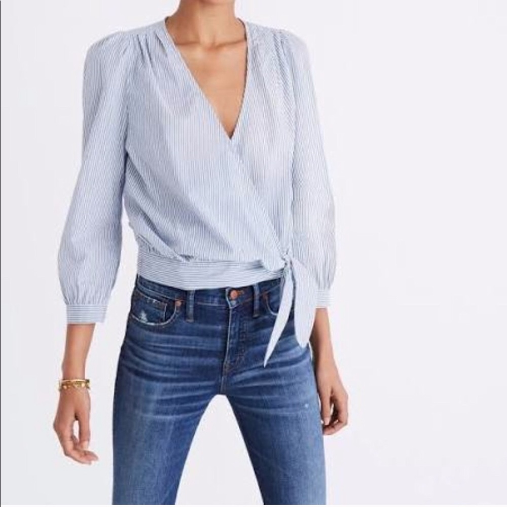 Madewell Wrap Top in Albery Stripe Blue White XS